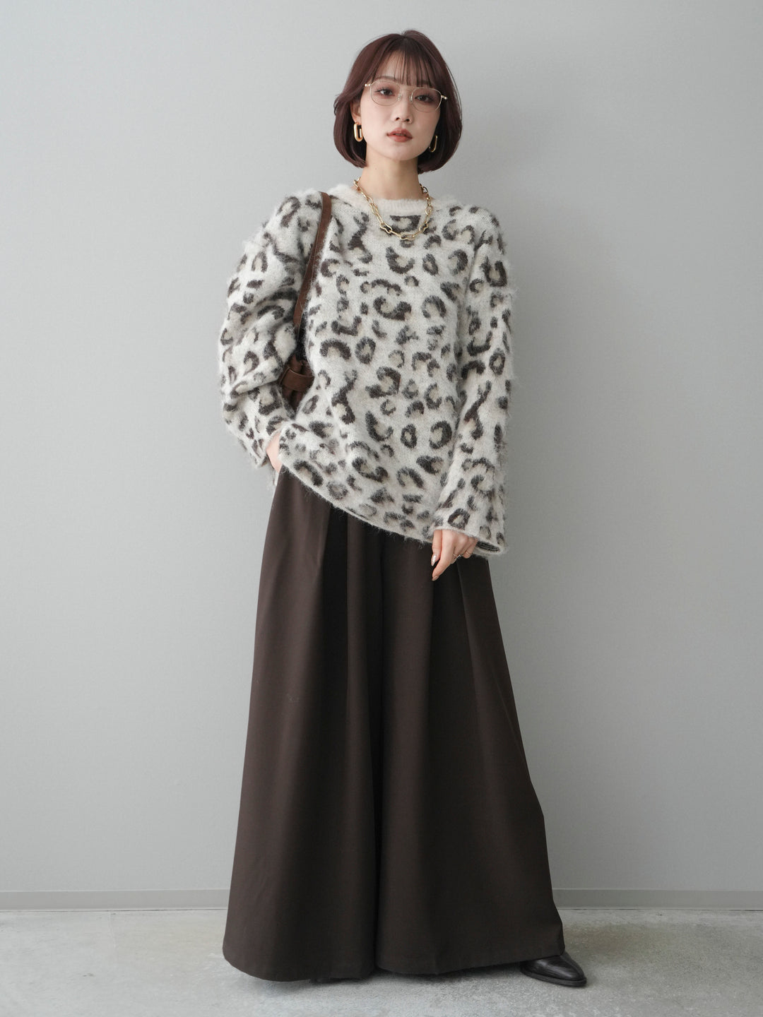 [SET]レオパードシャギーニットプルオーバー+テープベルトタックバギーパンツ(2set)