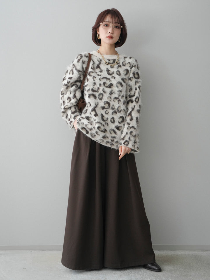 [SET]レオパードシャギーニットプルオーバー+テープベルトタックバギーパンツ(2set)