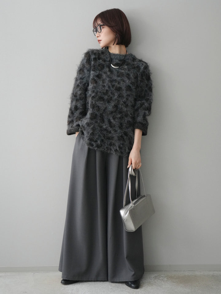 [SET]レオパードシャギーニットプルオーバー+テープベルトタックバギーパンツ(2set)