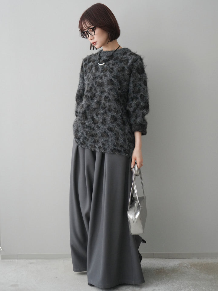 [SET]レオパードシャギーニットプルオーバー+テープベルトタックバギーパンツ(2set)