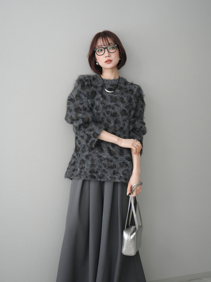[SET]レオパードシャギーニットプルオーバー+テープベルトタックバギーパンツ(2set)