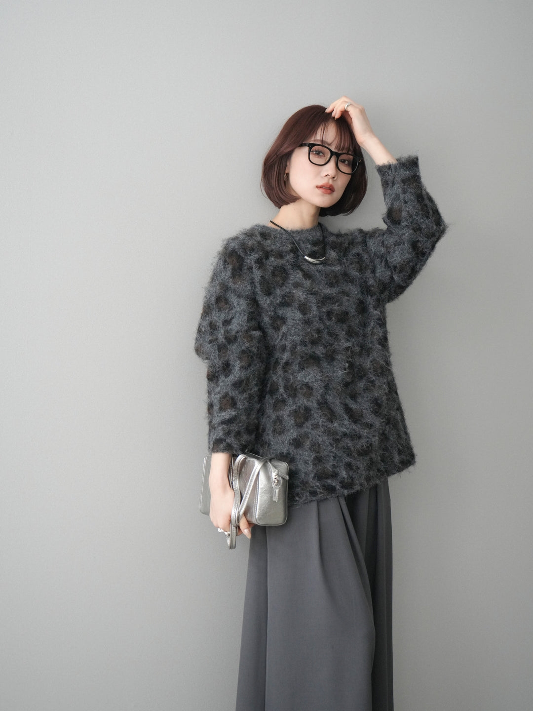 [SET]レオパードシャギーニットプルオーバー+テープベルトタックバギーパンツ(2set)