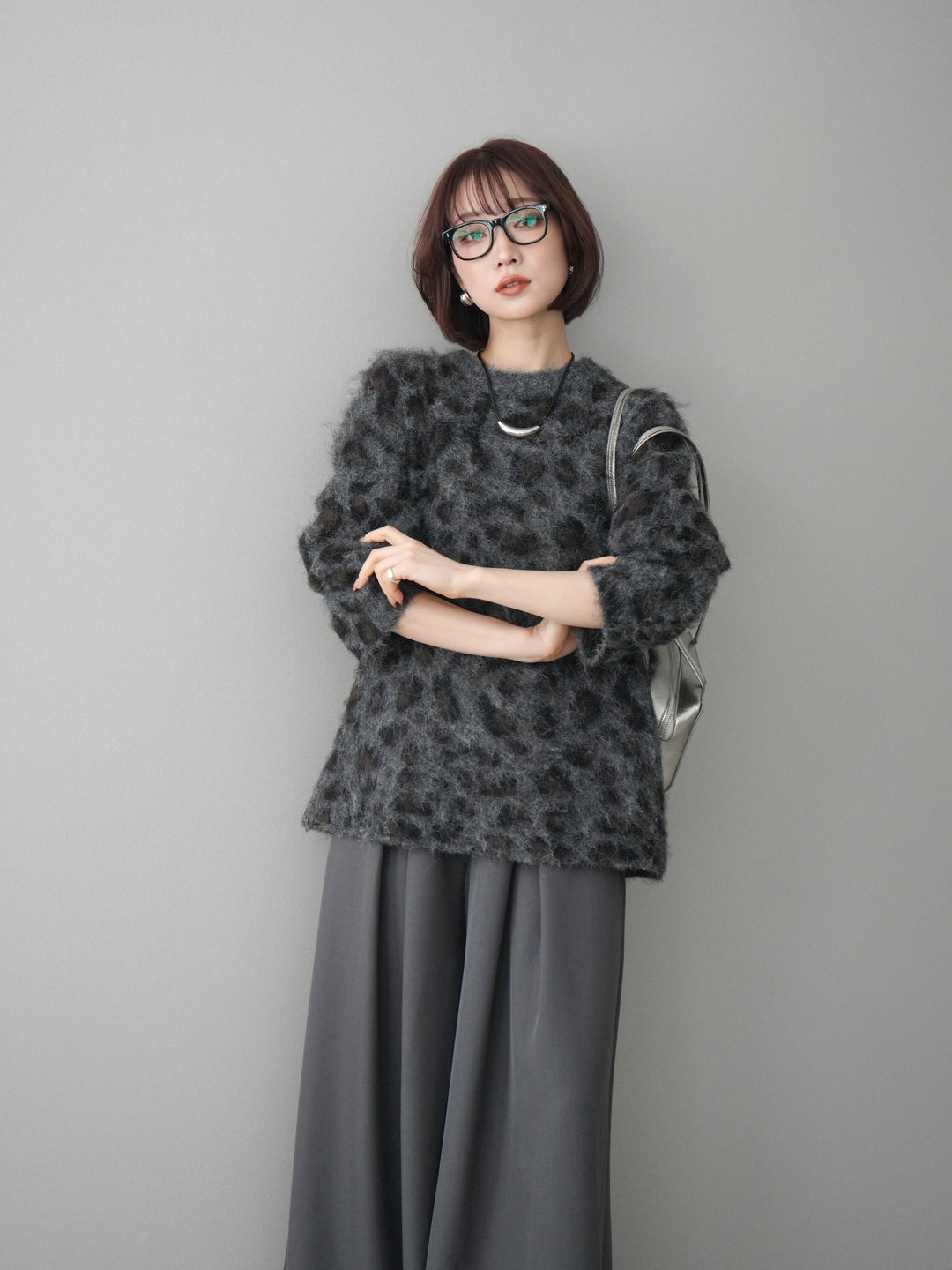 [SET]レオパードシャギーニットプルオーバー+テープベルトタックバギーパンツ(2set)