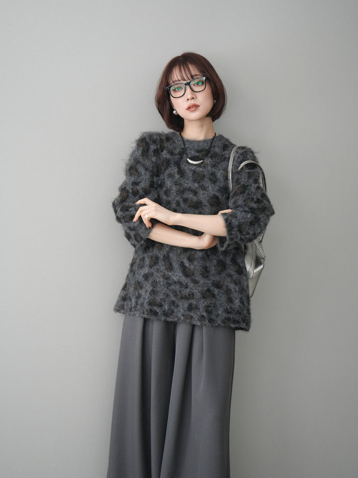 [SET]レオパードシャギーニットプルオーバー+テープベルトタックバギーパンツ(2set)