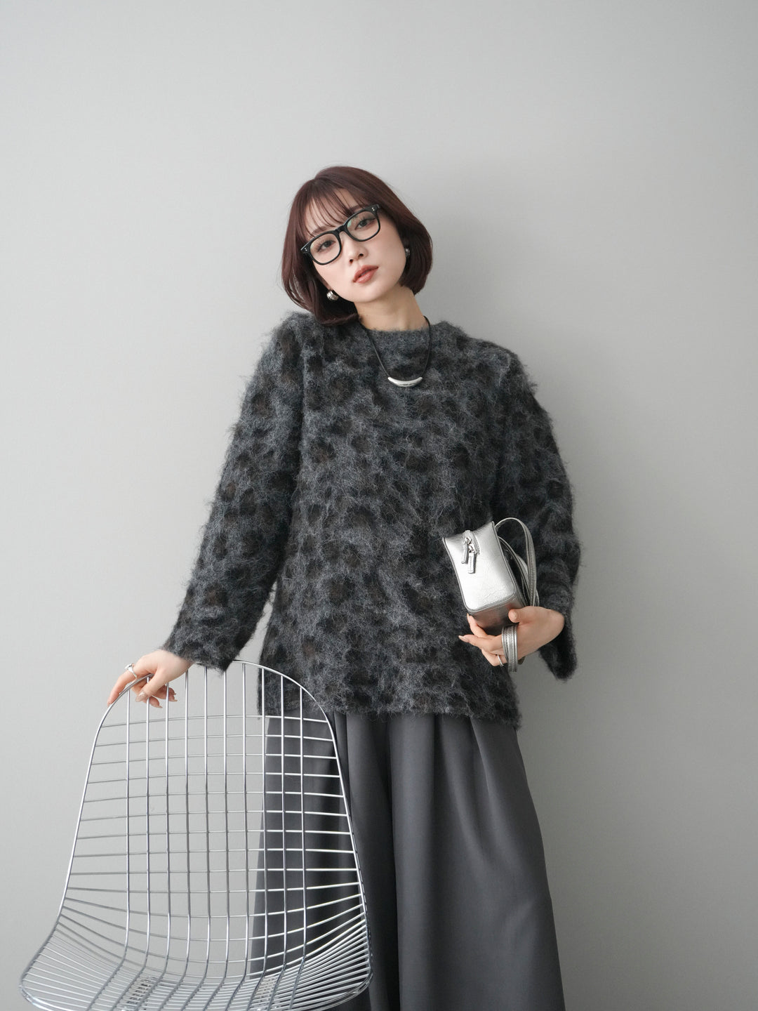 [SET]レオパードシャギーニットプルオーバー+テープベルトタックバギーパンツ(2set)