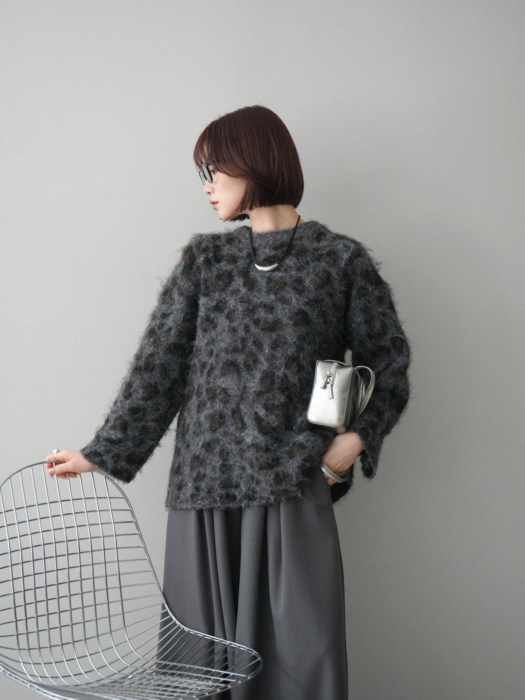 [SET]レオパードシャギーニットプルオーバー+テープベルトタックバギーパンツ(2set)