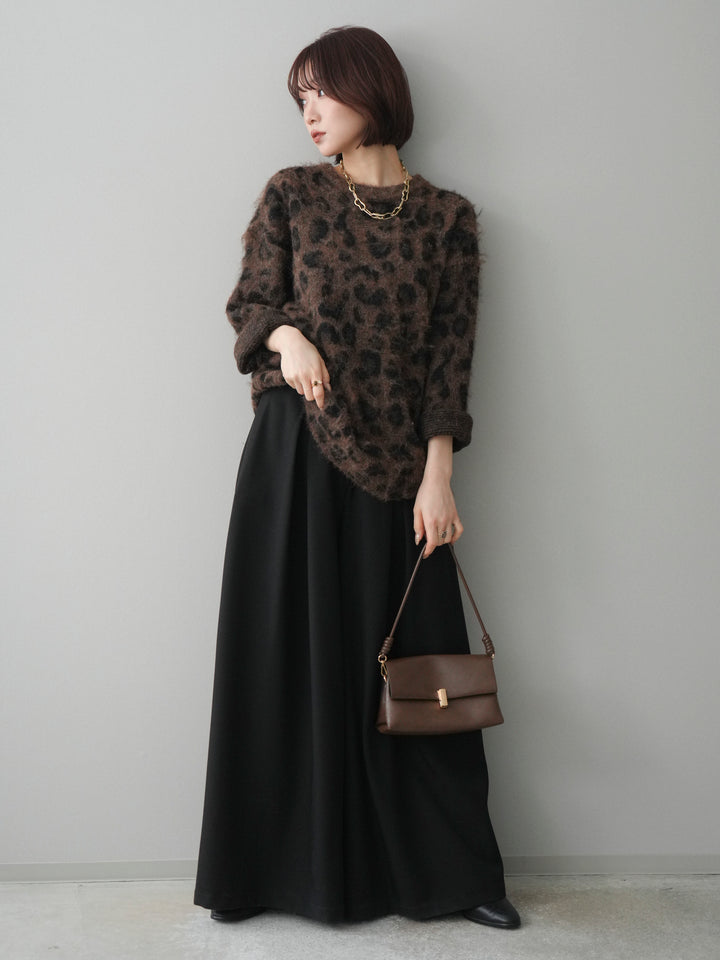 [SET]レオパードシャギーニットプルオーバー+テープベルトタックバギーパンツ(2set)
