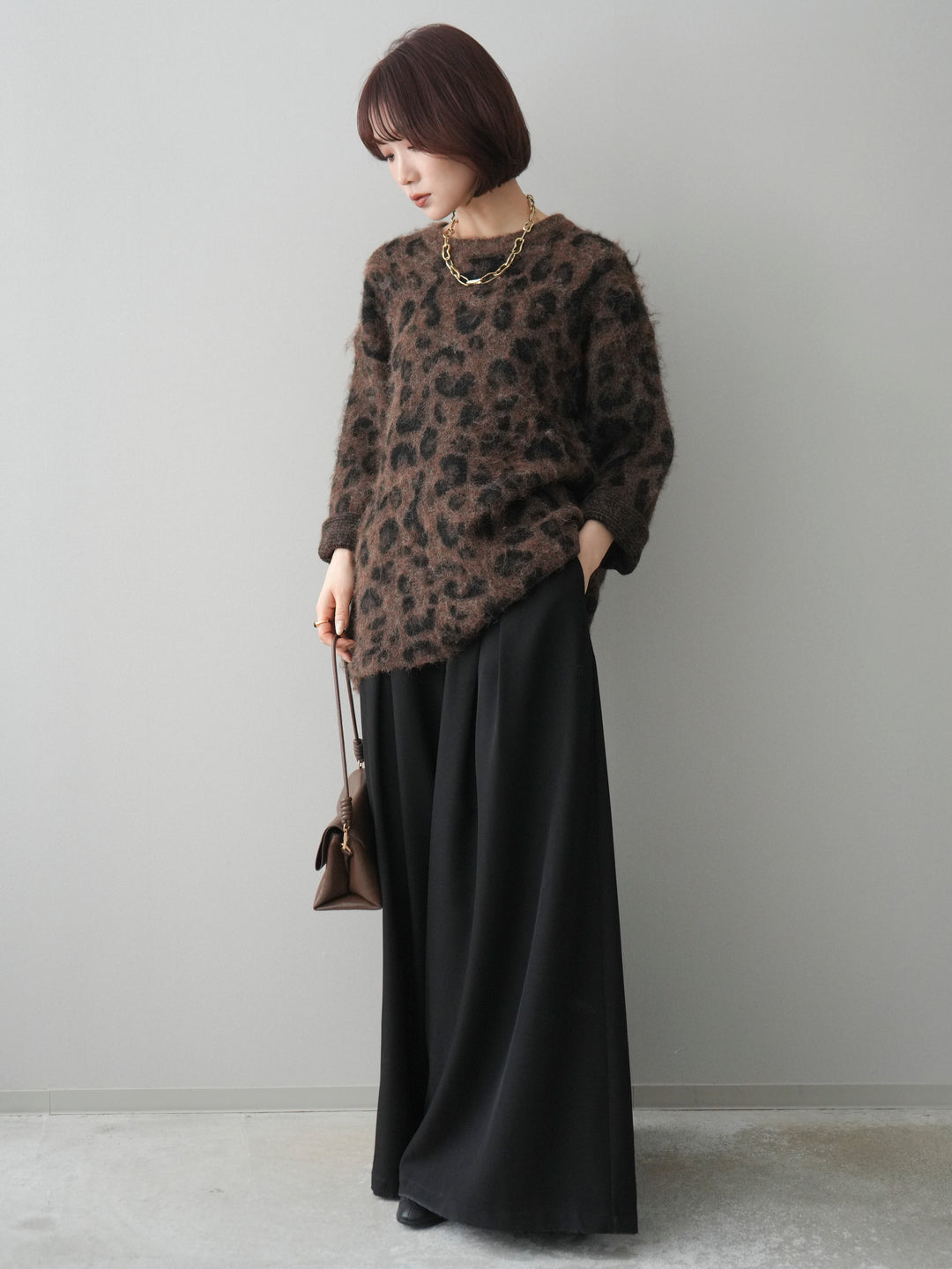 [SET]レオパードシャギーニットプルオーバー+テープベルトタックバギーパンツ(2set)