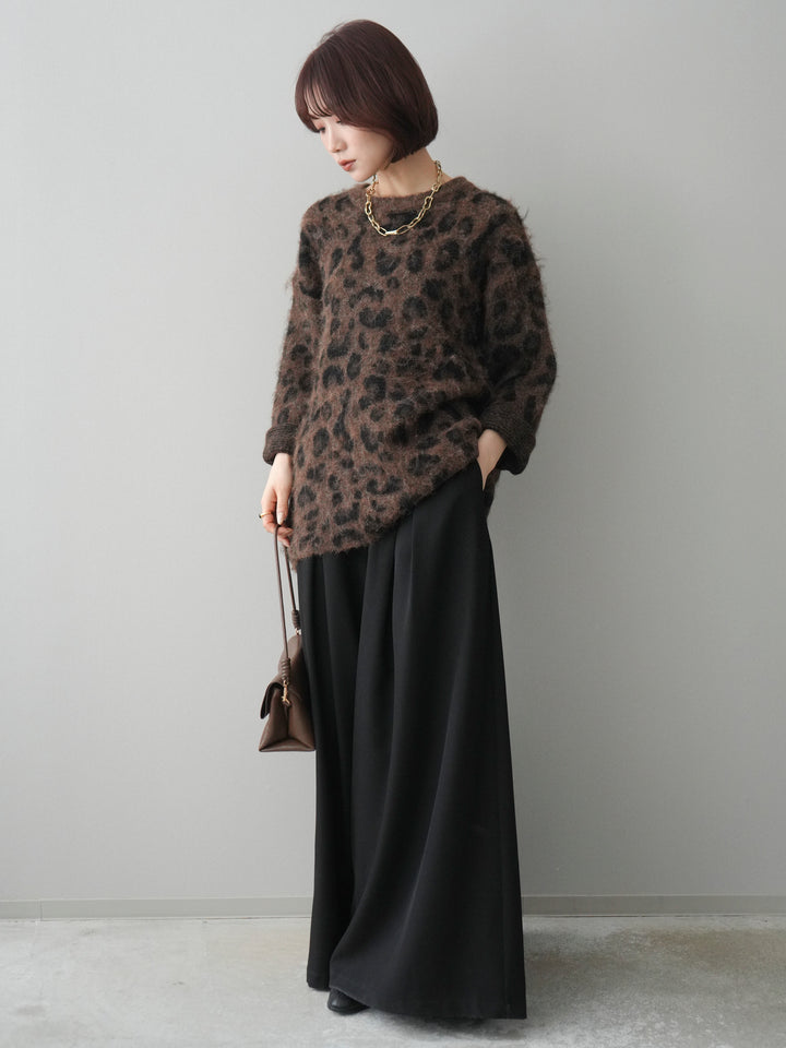 [SET]レオパードシャギーニットプルオーバー+テープベルトタックバギーパンツ(2set)