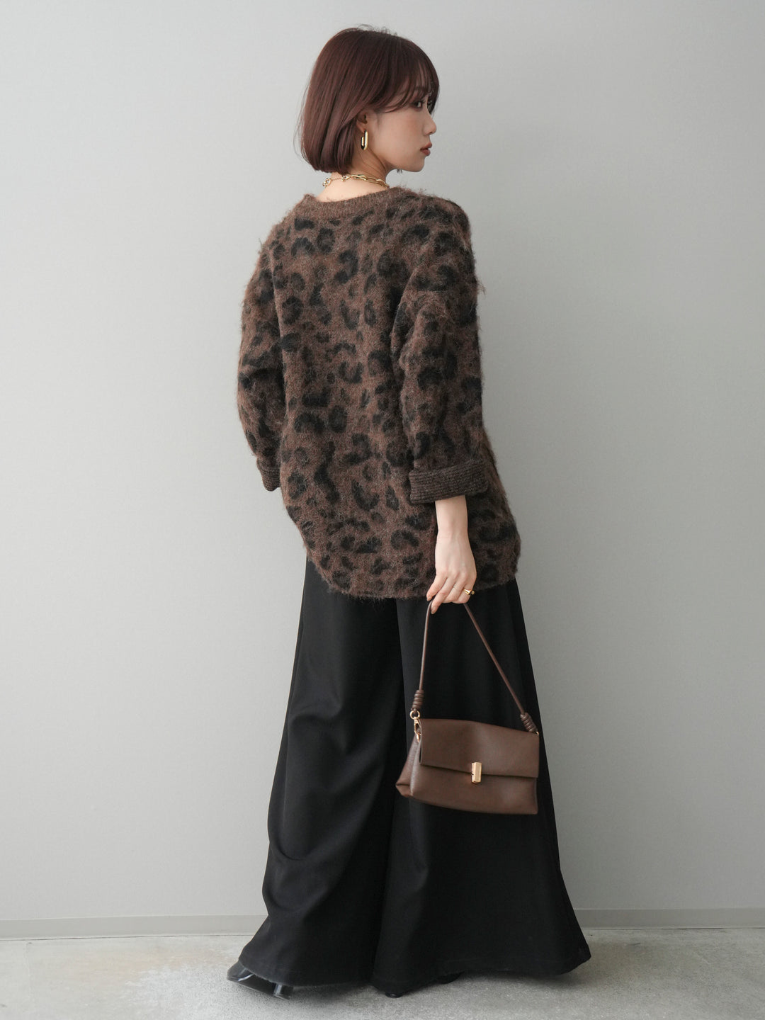 [SET]レオパードシャギーニットプルオーバー+テープベルトタックバギーパンツ(2set)