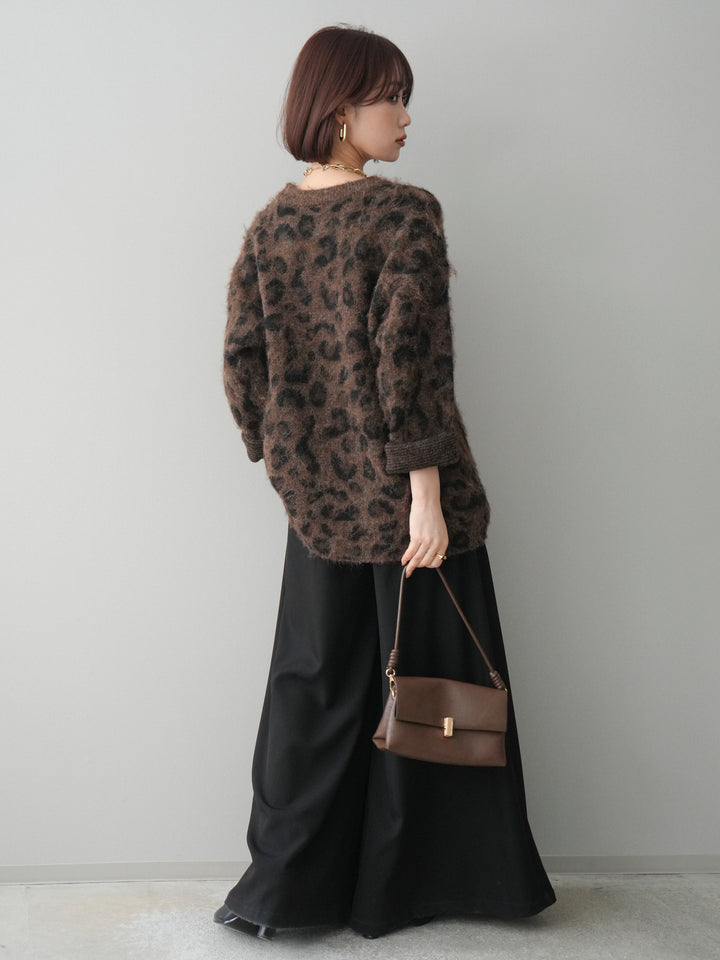 [SET]レオパードシャギーニットプルオーバー+テープベルトタックバギーパンツ(2set)