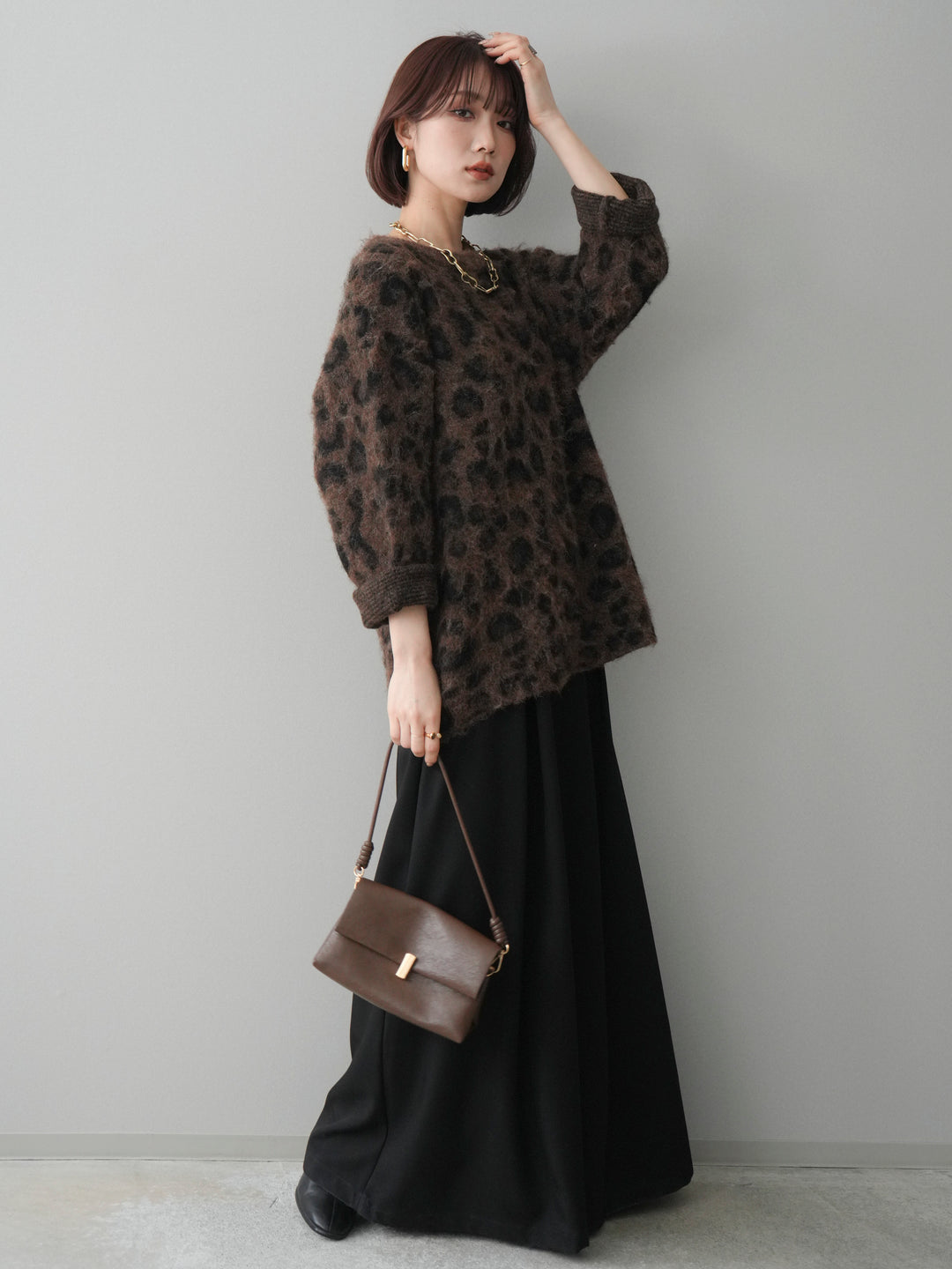 [SET]レオパードシャギーニットプルオーバー+テープベルトタックバギーパンツ(2set)