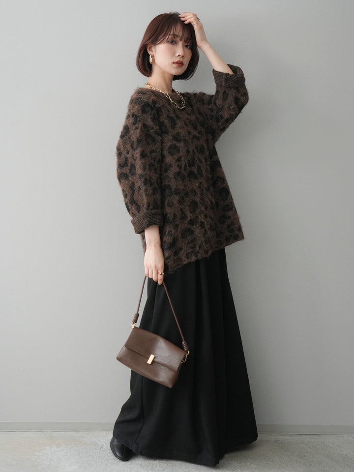 [SET]レオパードシャギーニットプルオーバー+テープベルトタックバギーパンツ(2set)