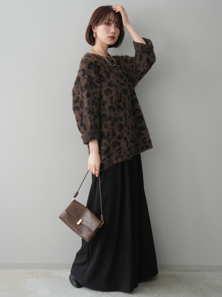 [SET]レオパードシャギーニットプルオーバー+テープベルトタックバギーパンツ(2set)