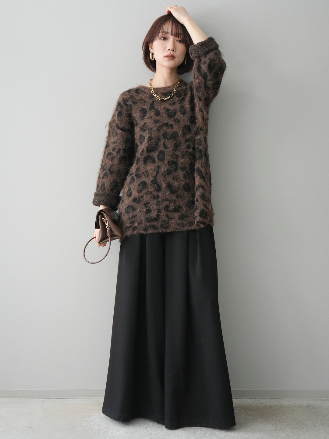 [SET]レオパードシャギーニットプルオーバー+テープベルトタックバギーパンツ(2set)