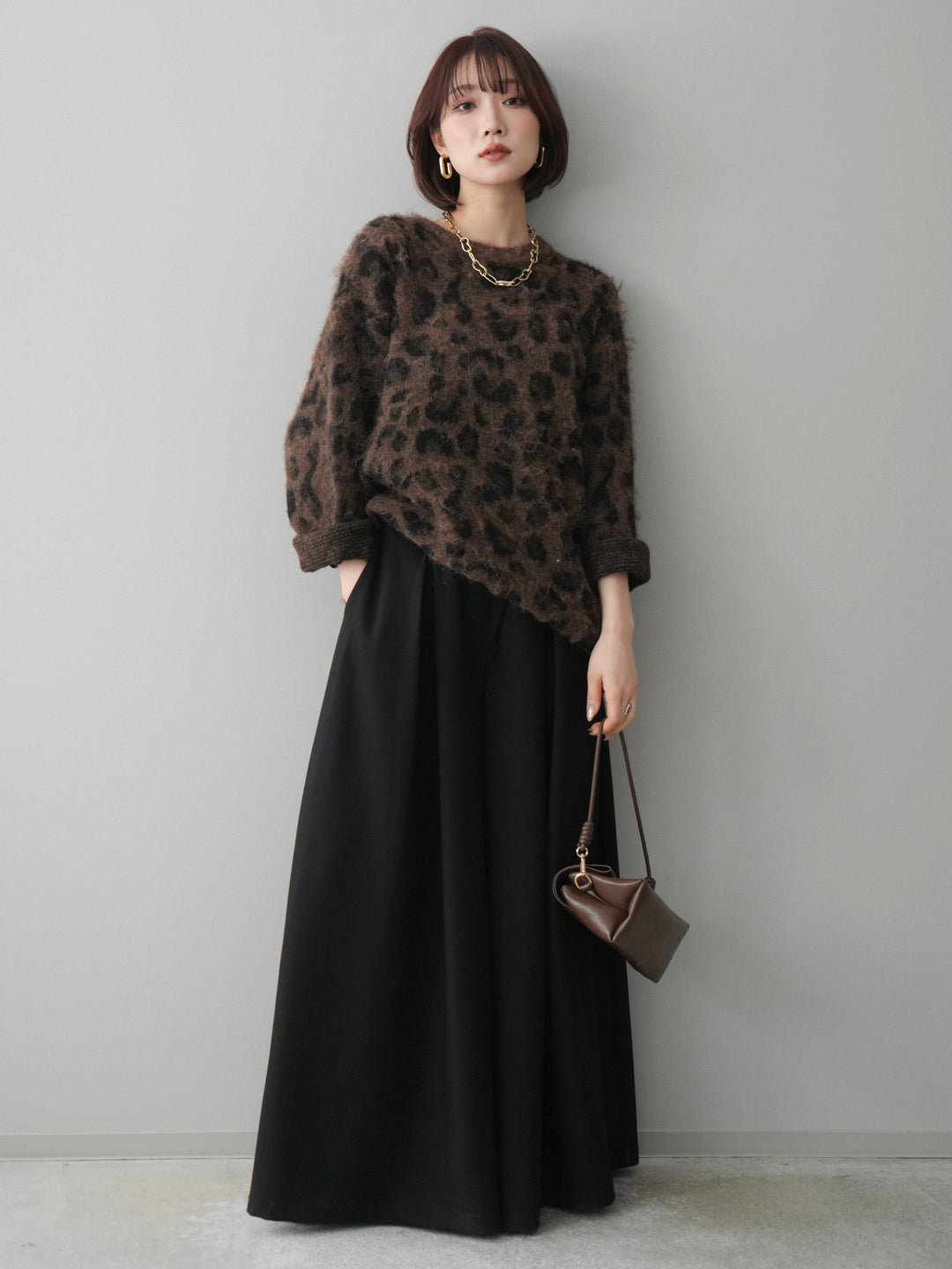 [SET]レオパードシャギーニットプルオーバー+テープベルトタックバギーパンツ(2set)