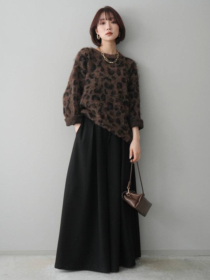 [SET]レオパードシャギーニットプルオーバー+テープベルトタックバギーパンツ(2set)