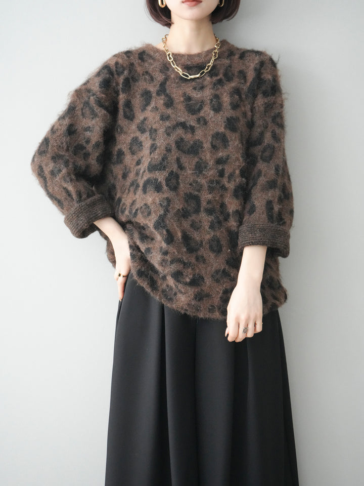 [SET]レオパードシャギーニットプルオーバー+テープベルトタックバギーパンツ(2set)
