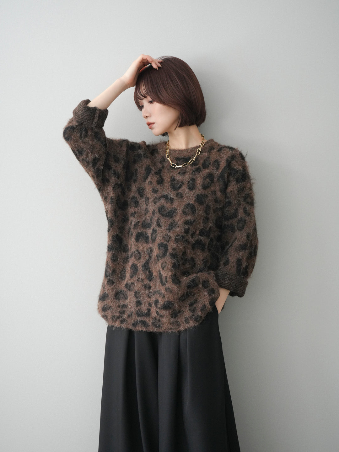 [SET]レオパードシャギーニットプルオーバー+テープベルトタックバギーパンツ(2set)