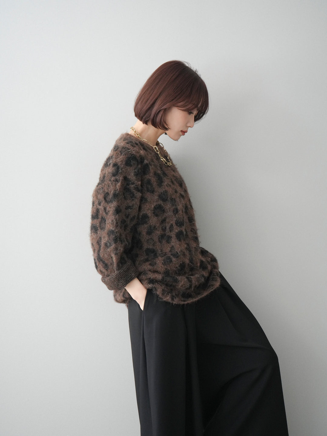 [SET]レオパードシャギーニットプルオーバー+テープベルトタックバギーパンツ(2set)