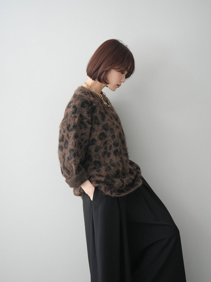 [SET]レオパードシャギーニットプルオーバー+テープベルトタックバギーパンツ(2set)