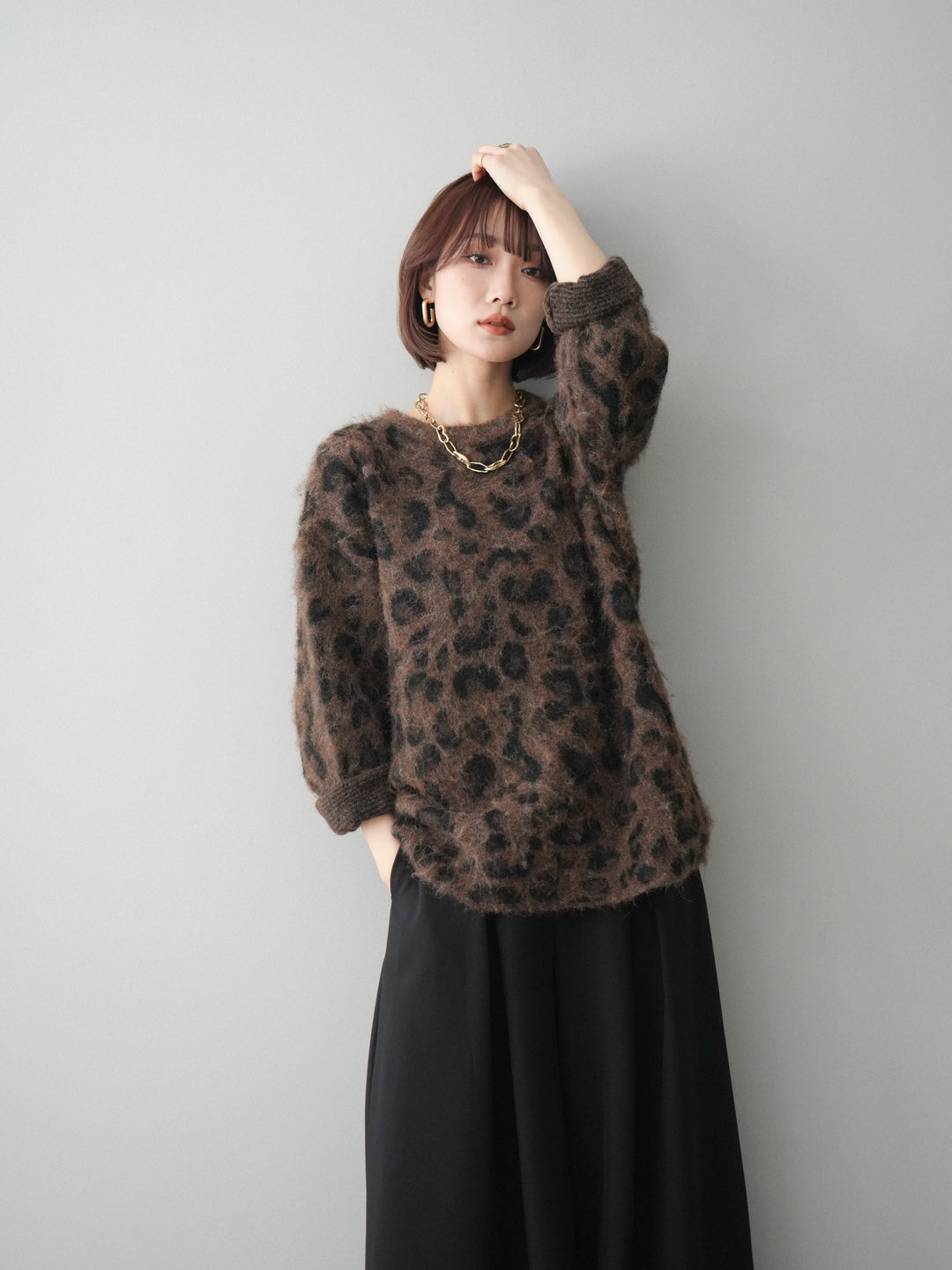 [SET]レオパードシャギーニットプルオーバー+テープベルトタックバギーパンツ(2set)