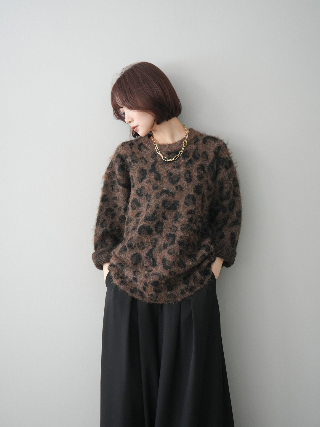 [SET]レオパードシャギーニットプルオーバー+テープベルトタックバギーパンツ(2set)