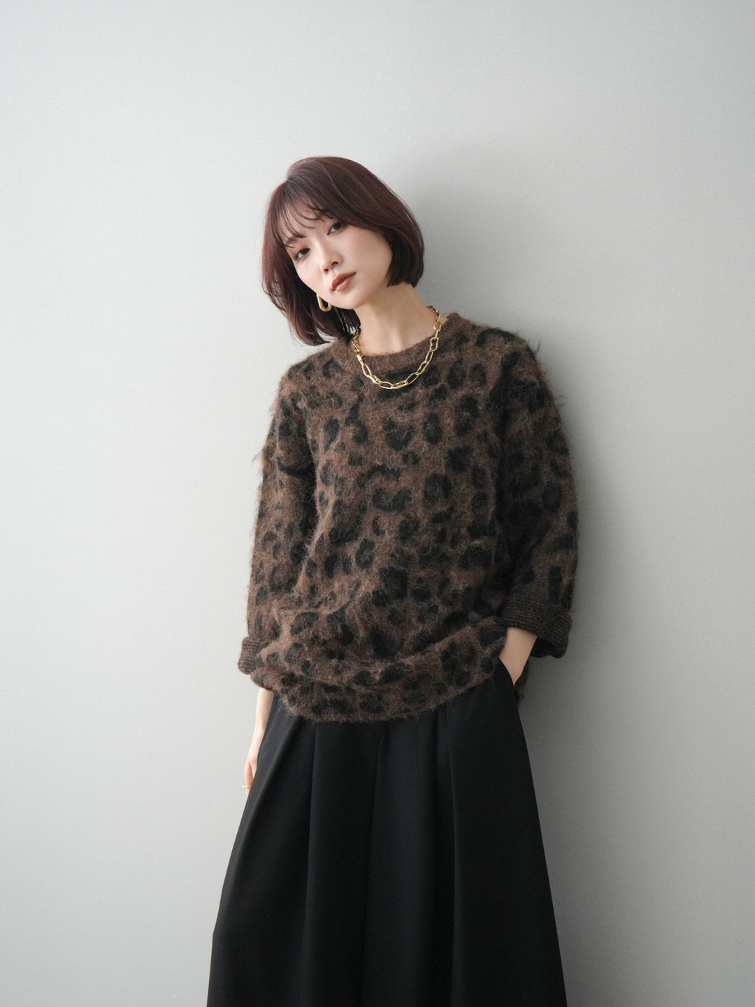 [SET]レオパードシャギーニットプルオーバー+テープベルトタックバギーパンツ(2set)