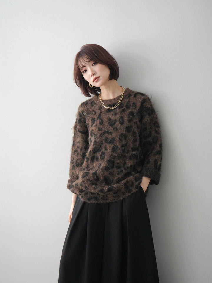 [SET]レオパードシャギーニットプルオーバー+テープベルトタックバギーパンツ(2set)