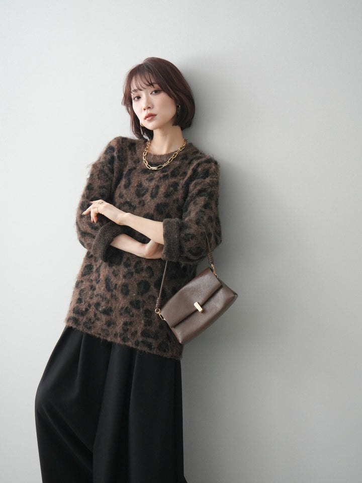 [SET]レオパードシャギーニットプルオーバー+テープベルトタックバギーパンツ(2set)