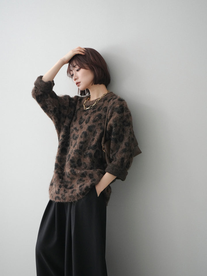 [SET]レオパードシャギーニットプルオーバー+テープベルトタックバギーパンツ(2set)