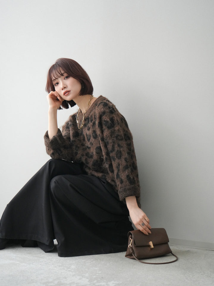 [SET]レオパードシャギーニットプルオーバー+テープベルトタックバギーパンツ(2set)