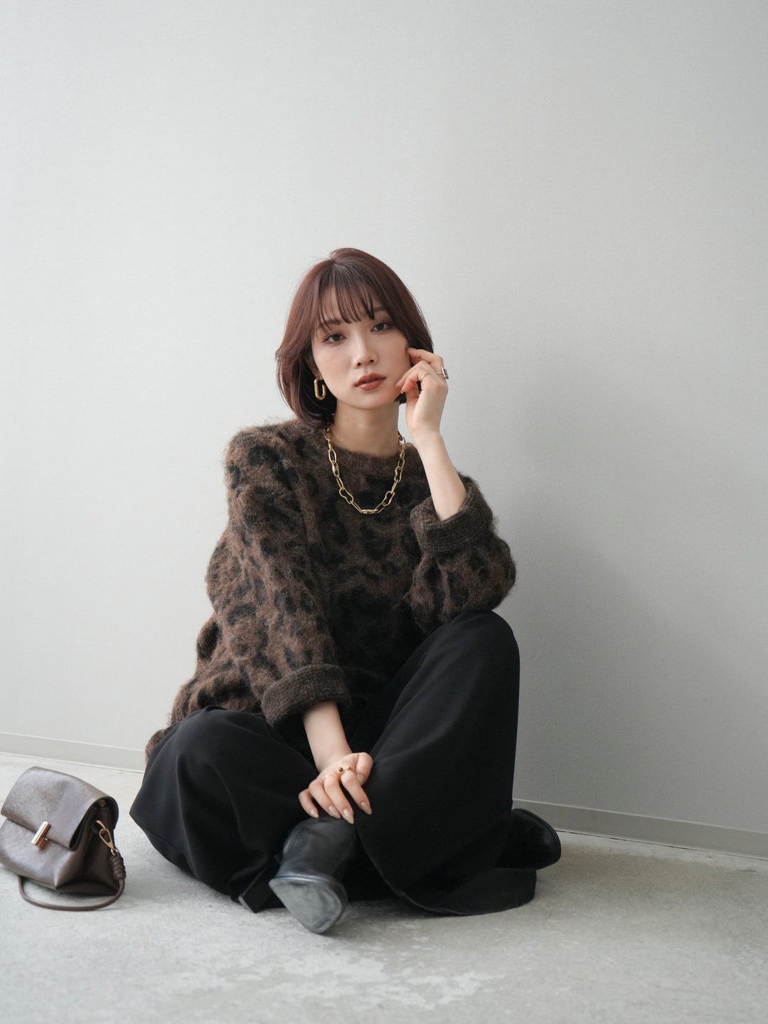 [SET]レオパードシャギーニットプルオーバー+テープベルトタックバギーパンツ(2set)