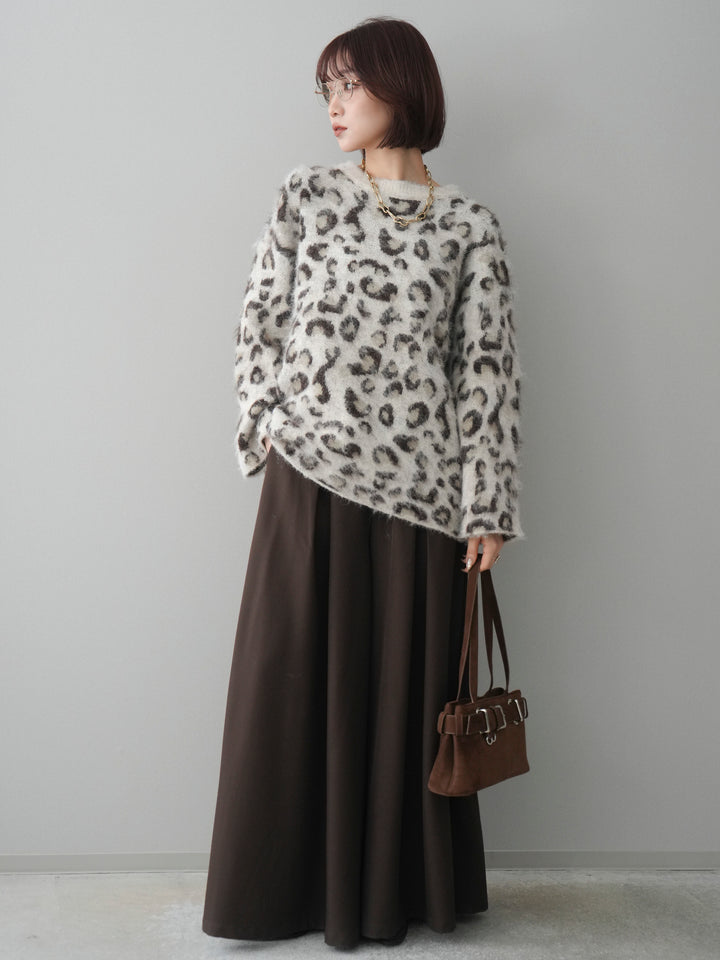 [SET]レオパードシャギーニットプルオーバー+テープベルトタックバギーパンツ(2set)