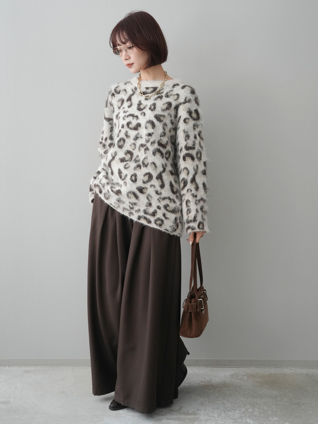 [SET]レオパードシャギーニットプルオーバー+テープベルトタックバギーパンツ(2set)