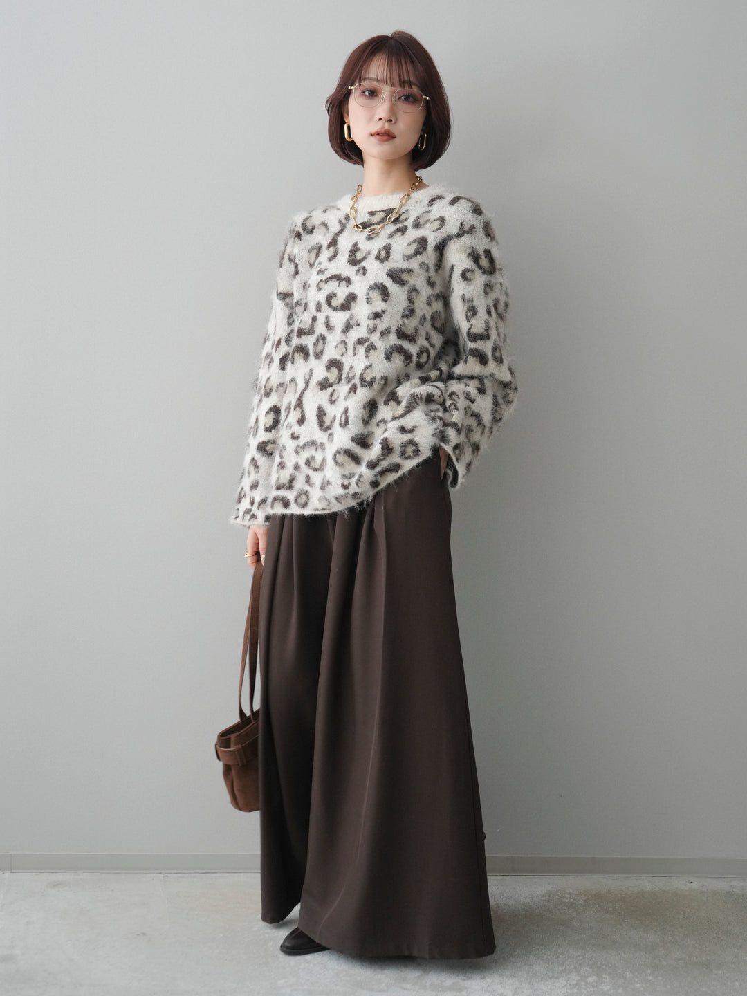 [SET]レオパードシャギーニットプルオーバー+テープベルトタックバギーパンツ(2set)