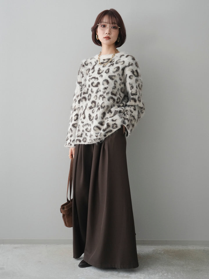 [SET]レオパードシャギーニットプルオーバー+テープベルトタックバギーパンツ(2set)