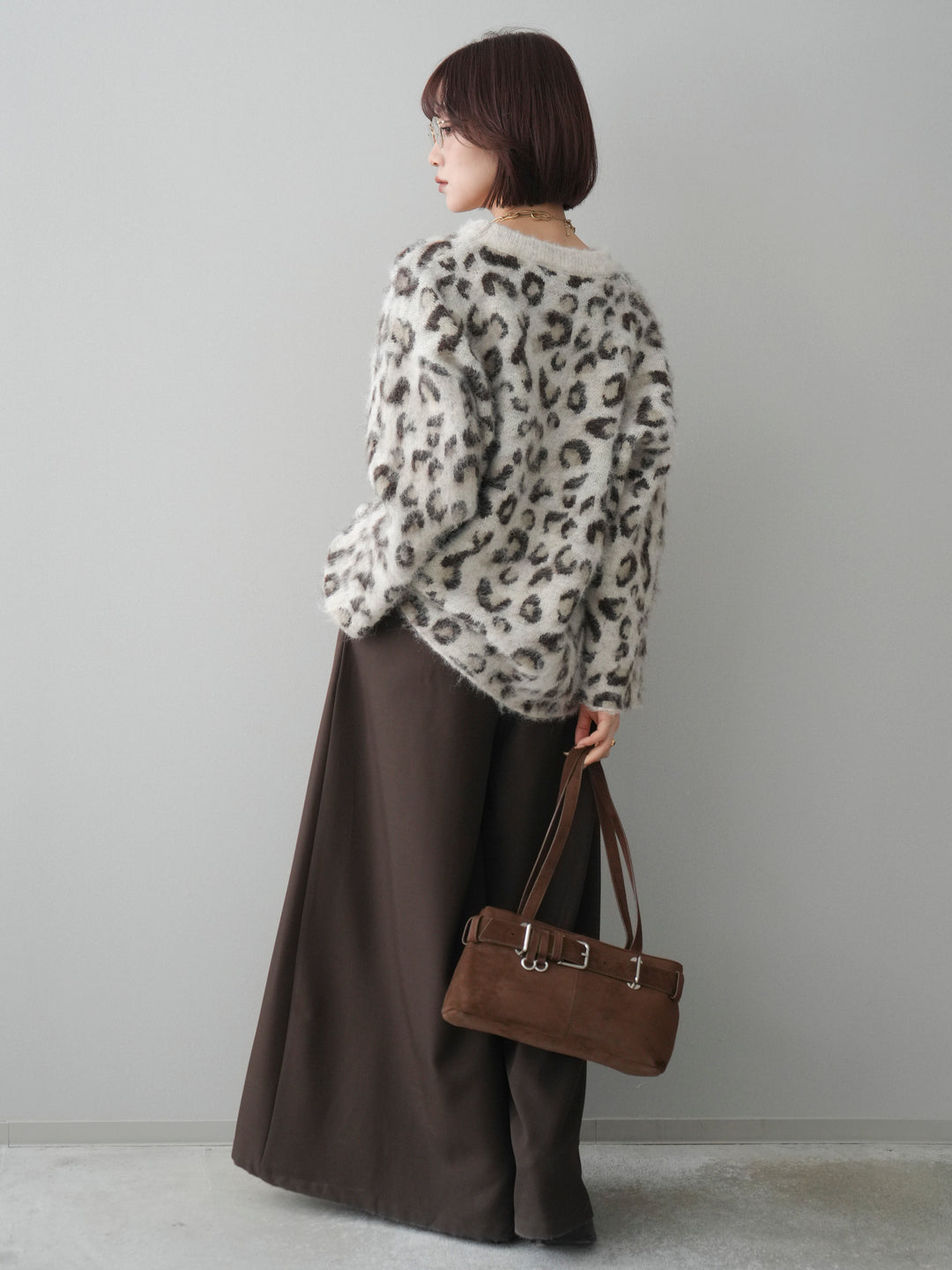 [SET]レオパードシャギーニットプルオーバー+テープベルトタックバギーパンツ(2set)