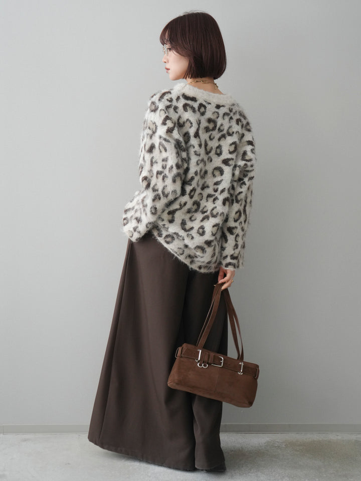 [SET]レオパードシャギーニットプルオーバー+テープベルトタックバギーパンツ(2set)