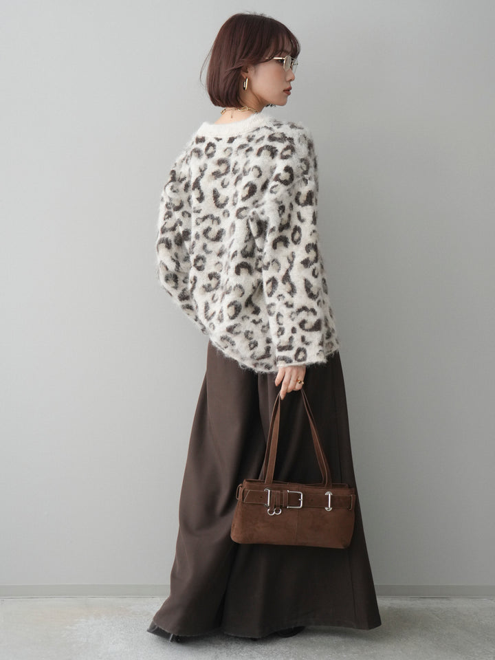 [SET]レオパードシャギーニットプルオーバー+テープベルトタックバギーパンツ(2set)