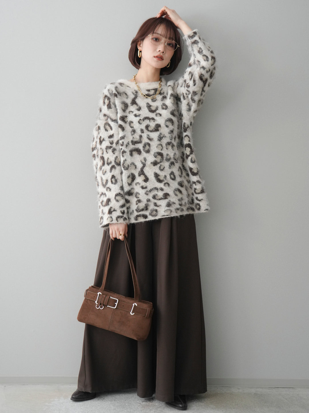 [SET]レオパードシャギーニットプルオーバー+テープベルトタックバギーパンツ(2set)