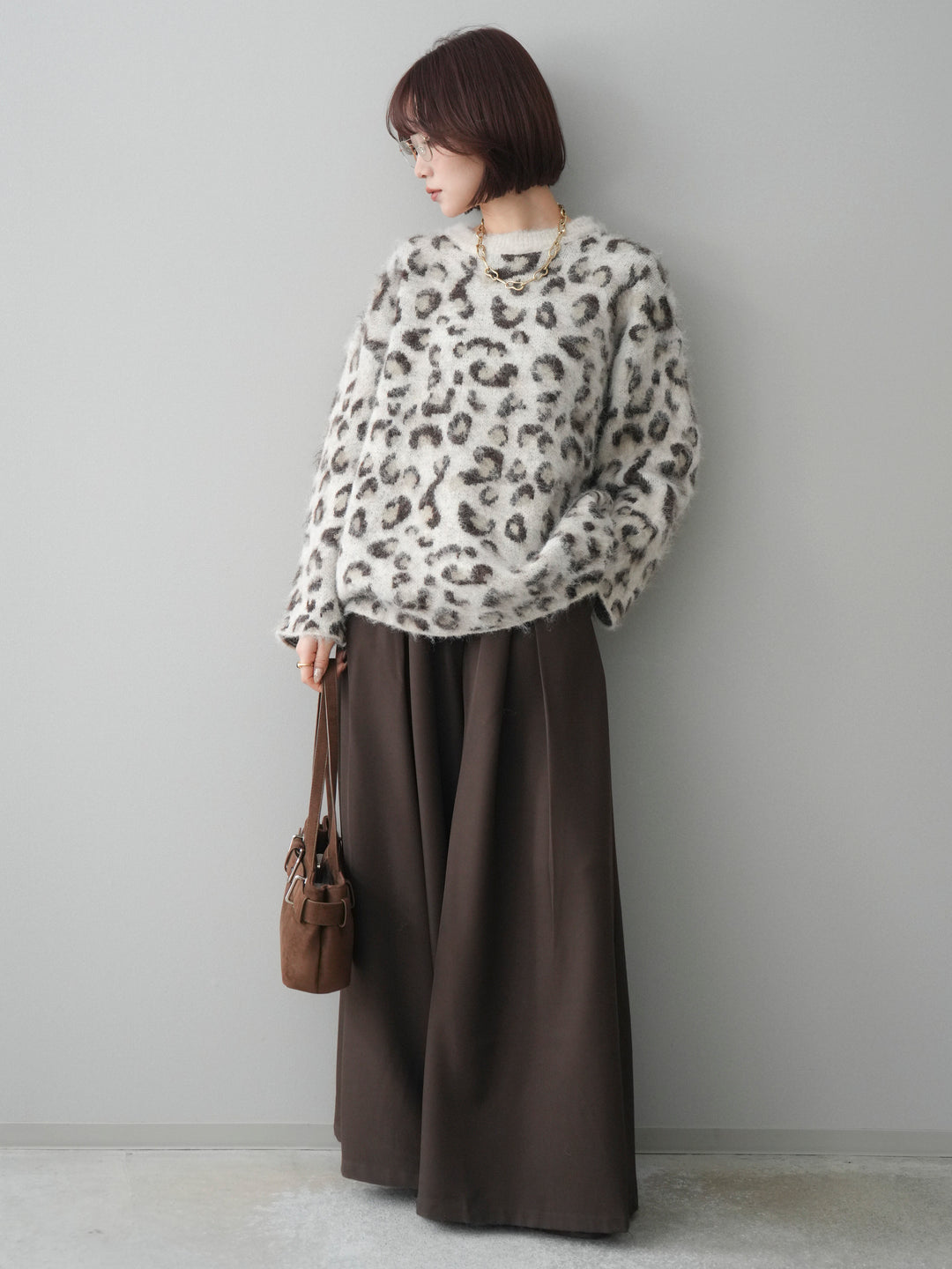 [SET]レオパードシャギーニットプルオーバー+テープベルトタックバギーパンツ(2set)