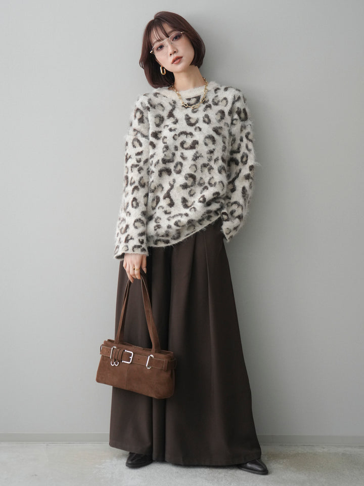 [SET]レオパードシャギーニットプルオーバー+テープベルトタックバギーパンツ(2set)