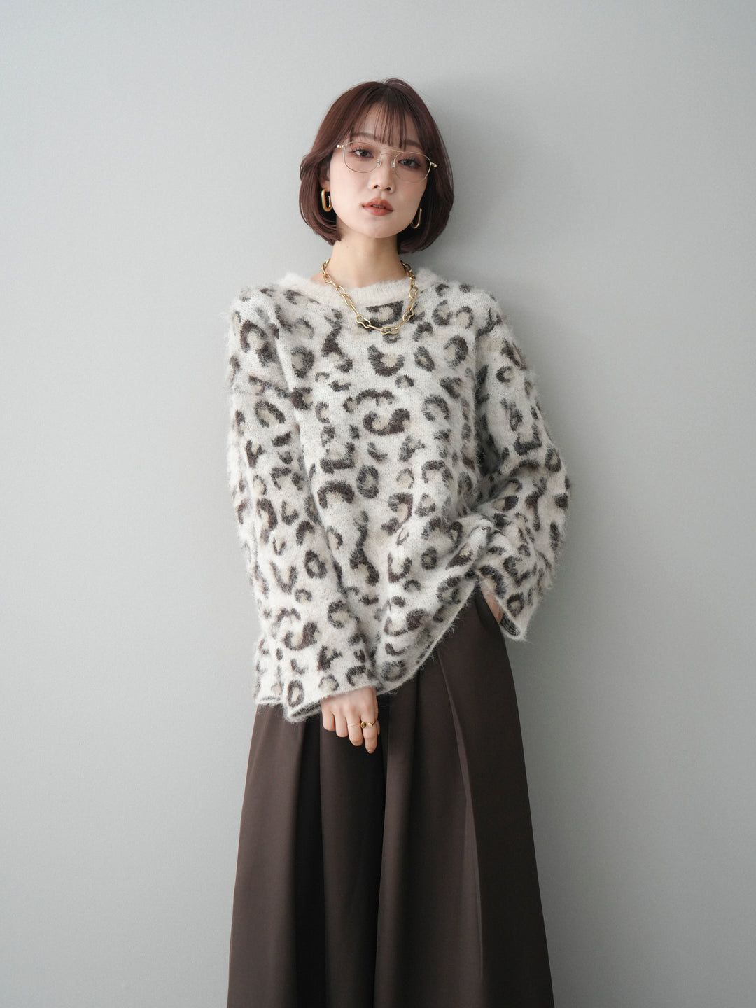 [SET]レオパードシャギーニットプルオーバー+テープベルトタックバギーパンツ(2set)