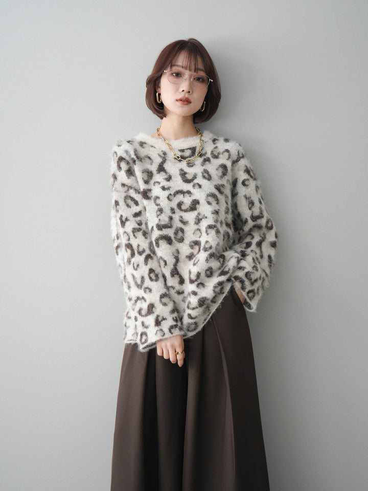 [SET]レオパードシャギーニットプルオーバー+テープベルトタックバギーパンツ(2set)