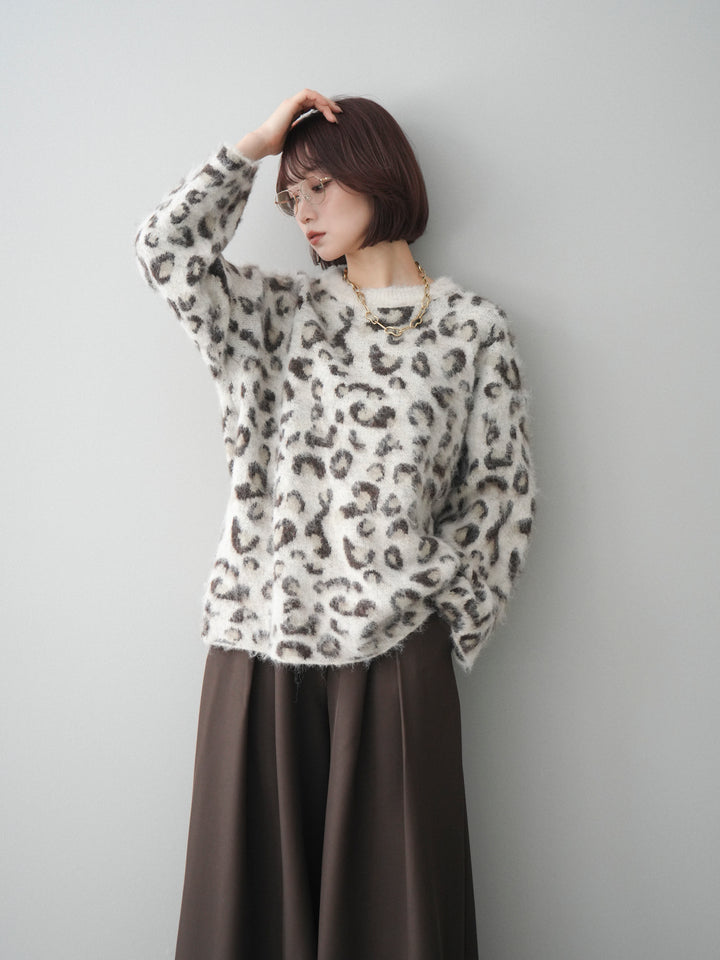 [SET]レオパードシャギーニットプルオーバー+テープベルトタックバギーパンツ(2set)