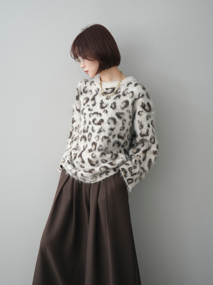 [SET]レオパードシャギーニットプルオーバー+テープベルトタックバギーパンツ(2set)