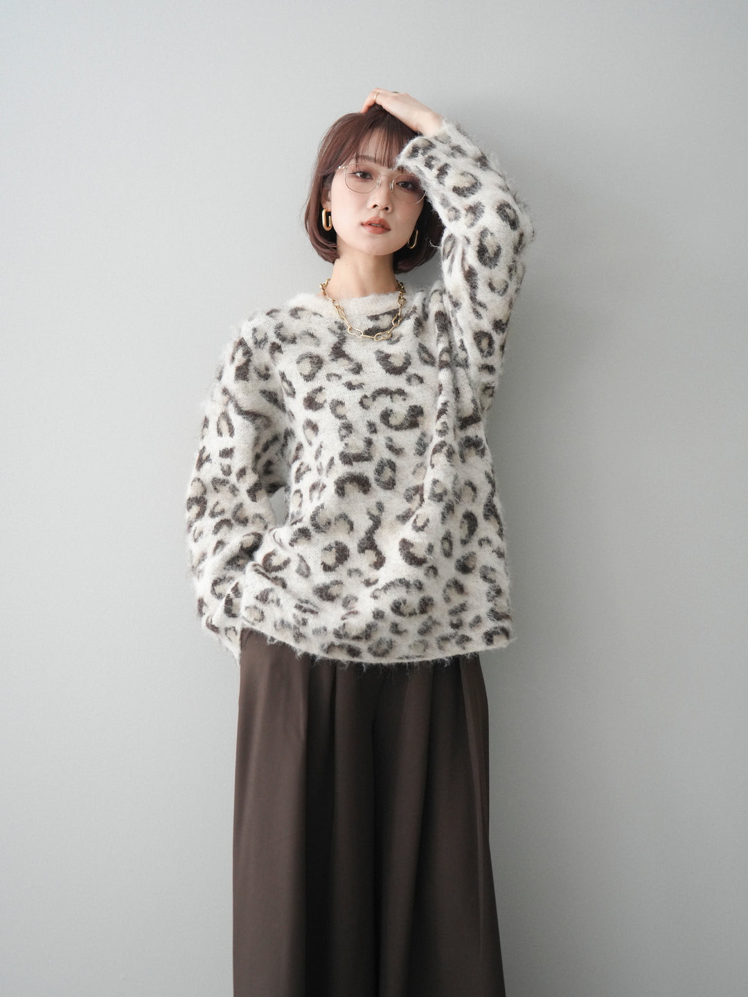 [SET]レオパードシャギーニットプルオーバー+テープベルトタックバギーパンツ(2set)