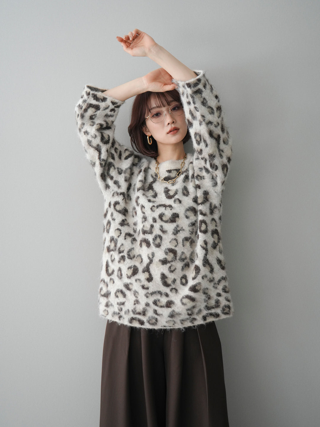 [SET]レオパードシャギーニットプルオーバー+テープベルトタックバギーパンツ(2set)