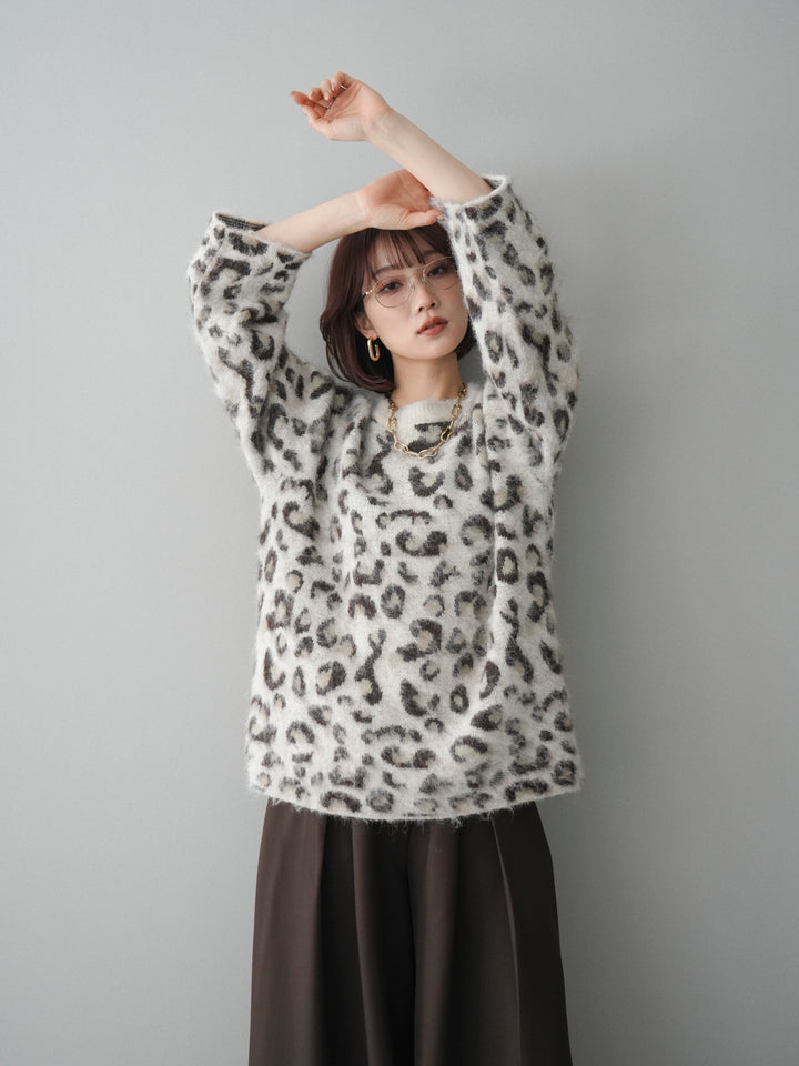 [SET]レオパードシャギーニットプルオーバー+テープベルトタックバギーパンツ(2set)